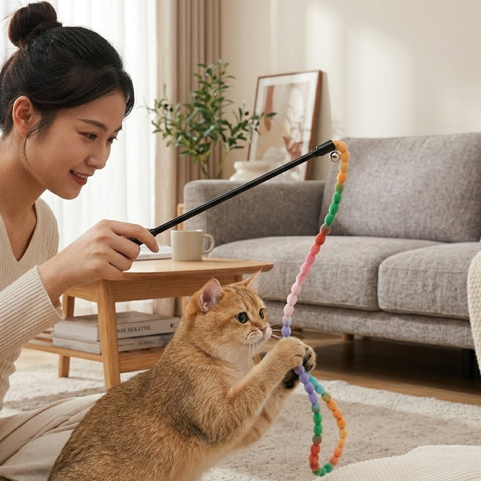Divanoxcosh Premium Plush Bead Cat Teaser Wand - Aesthetic Interactive Play Toy for Indoor Cats & Kittens - Macaron Color Palette, Durable & Engaging